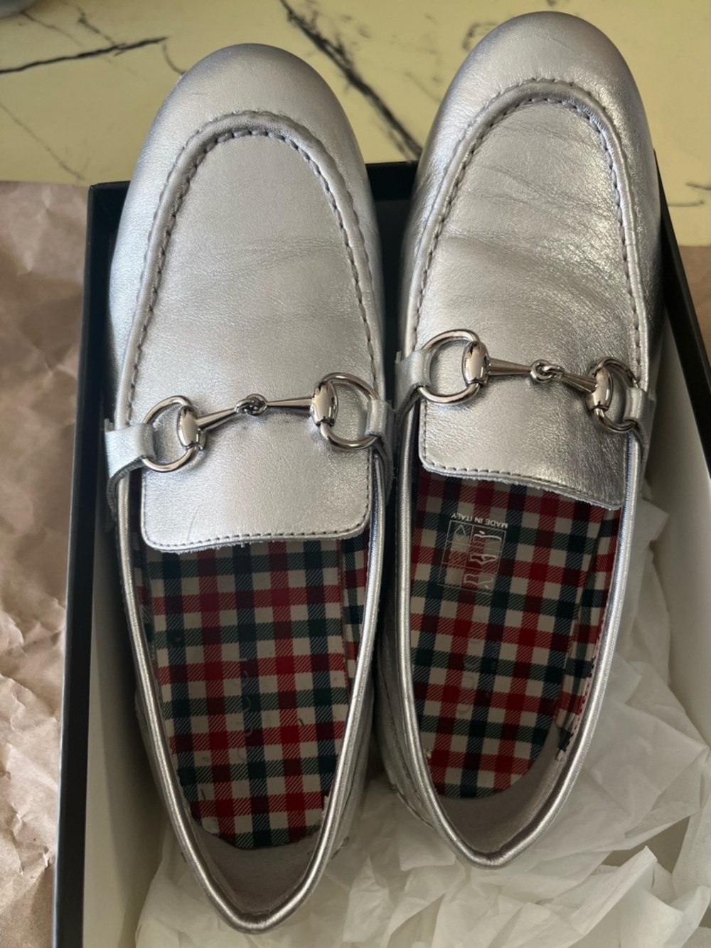 Gucci Silver Metallic Kids Horsebit Loafers